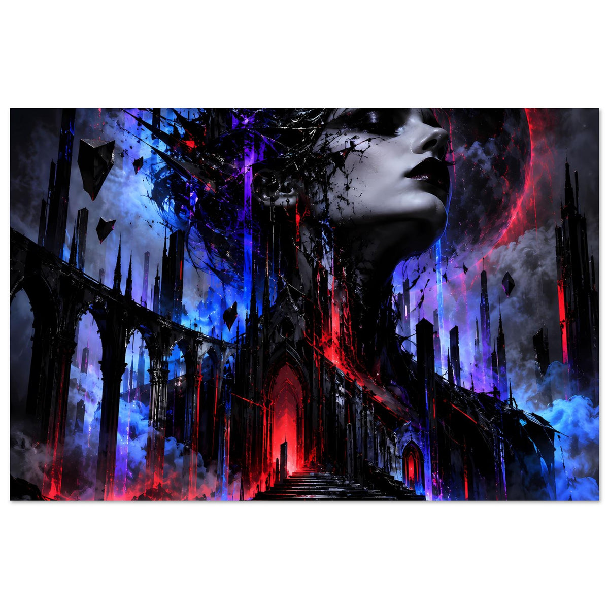 Gothic-Poster: Frauenprofil, schwarzer Torturm und Neonrot-/Blau-Lichtstreifen im Gang