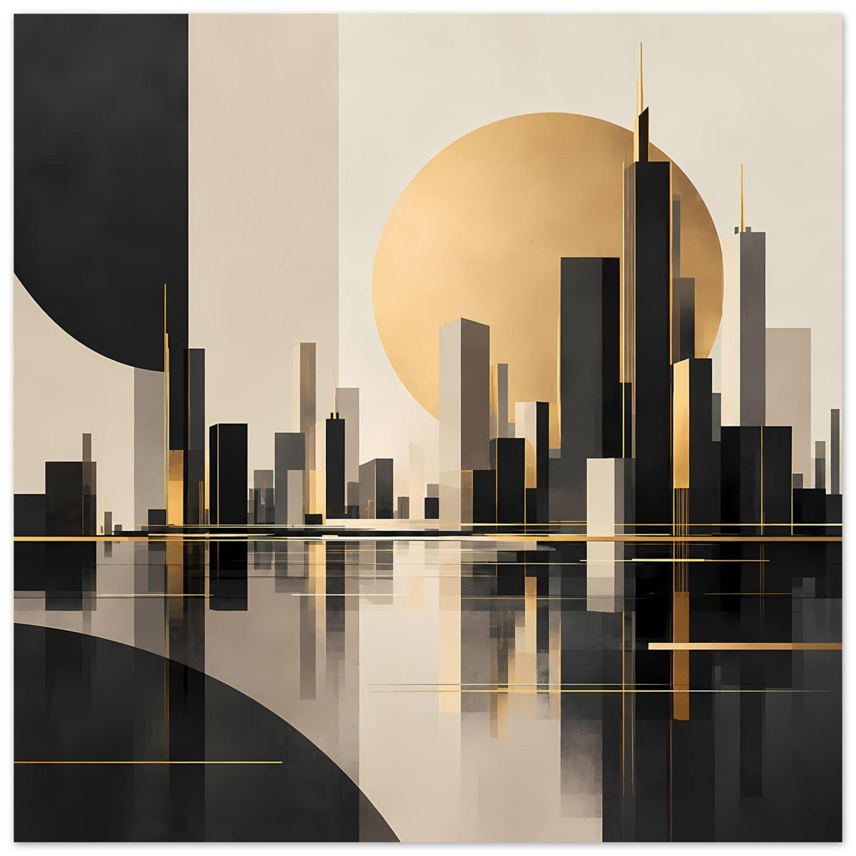 Abstraktes Stadtlandschafts-Poster im Querformat: schwarze/ beiger Skyline mit goldenem Halbkreis