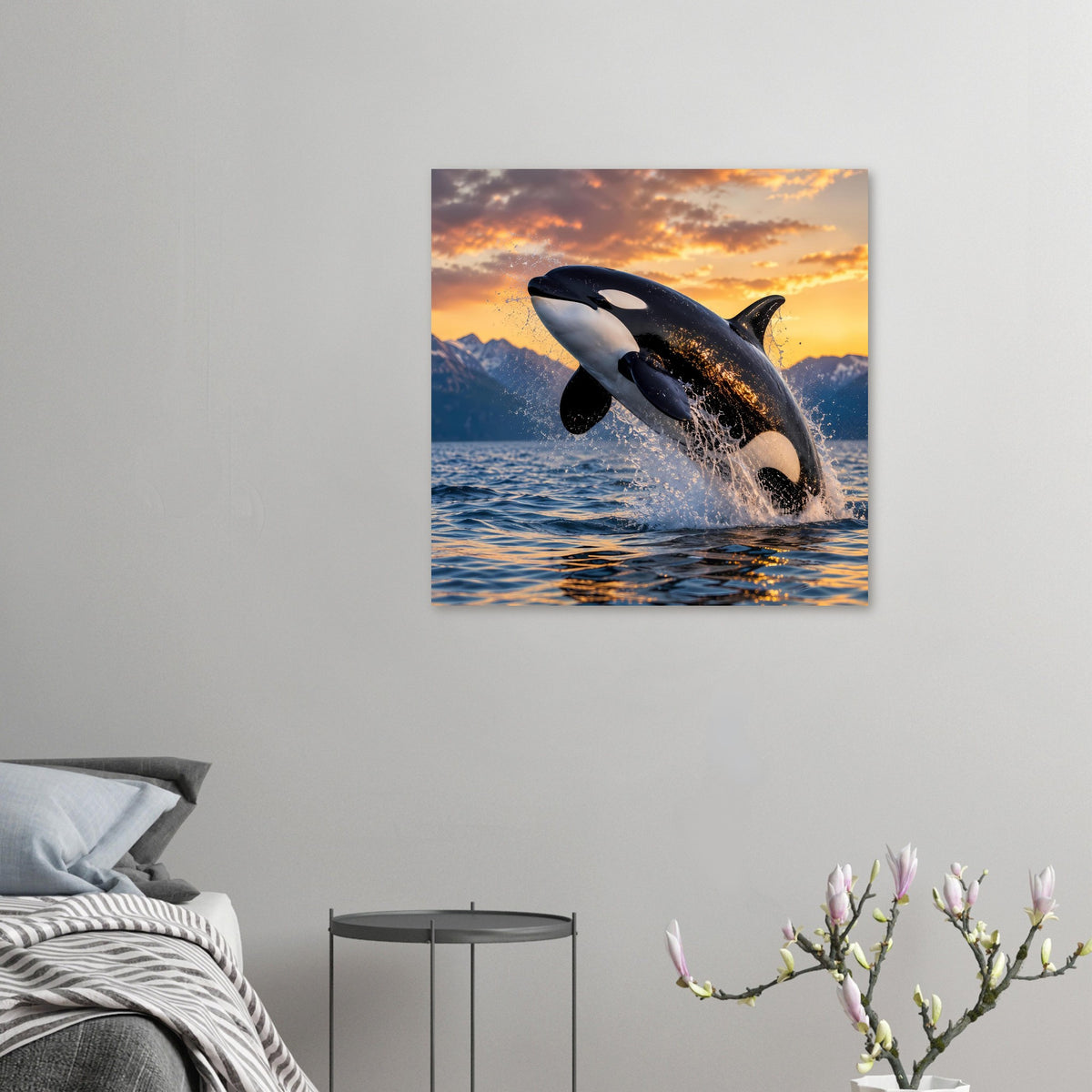 Wandposter mit springendem Orca, schwarz-weißer Körper, Wasserfontäne