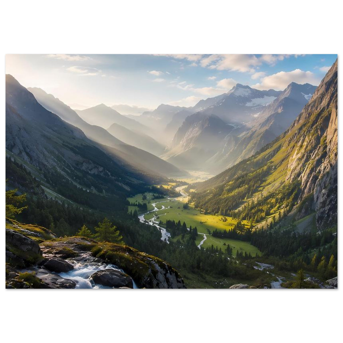 Poster mit Bergtal und Bachlauf, Grünflächen und Sonnenlicht durch Nebel