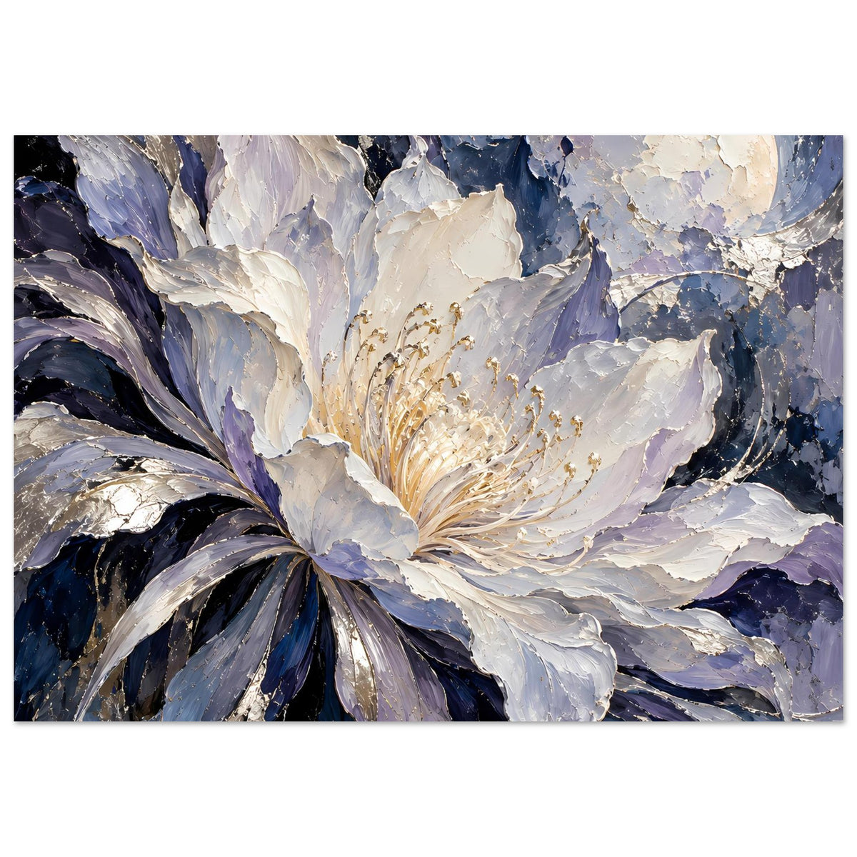 Poster-Druck mit weiß-violetter Blüte und goldenen Staubfäden, blau-violetter Hintergrund