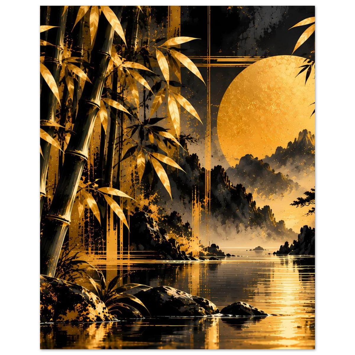 Hochformat-Poster mit Bambus im Vordergrund, großem gelbem Mond und ruhigem Wasser