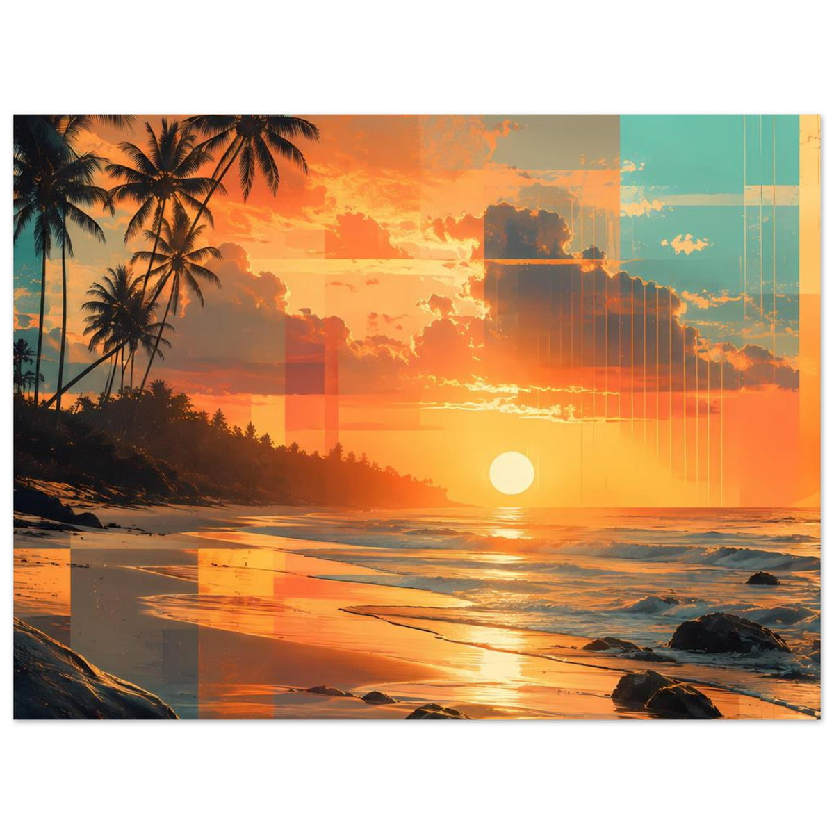 Horizontales Poster mit Abendsonne am Horizont, Palmen und Küstenfelsen