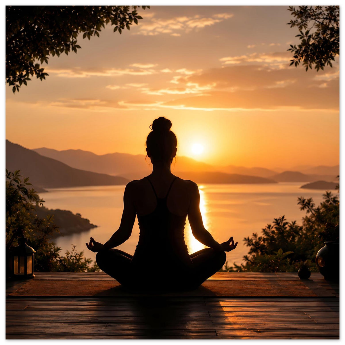 Horizontales Meditationsposter zum Sonnenuntergang: Yoga-Silhouette im Lotussitz vor warmem Himmel
