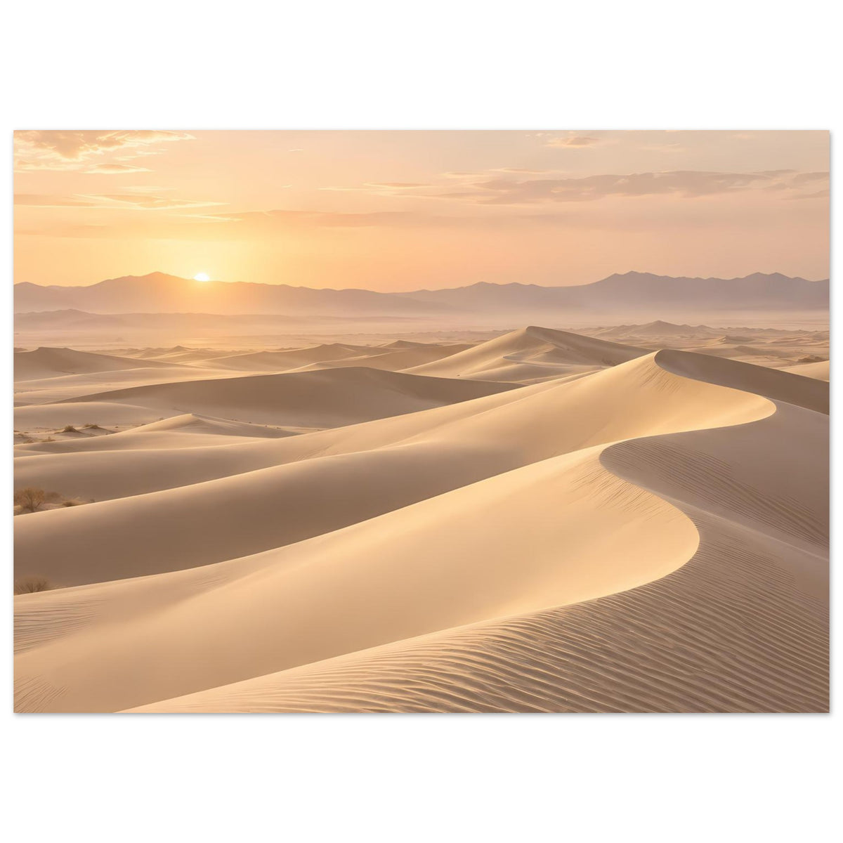 Horizontales Wüstenposter mit goldenen Lichtstreifen über geschwungenen Sanddünen