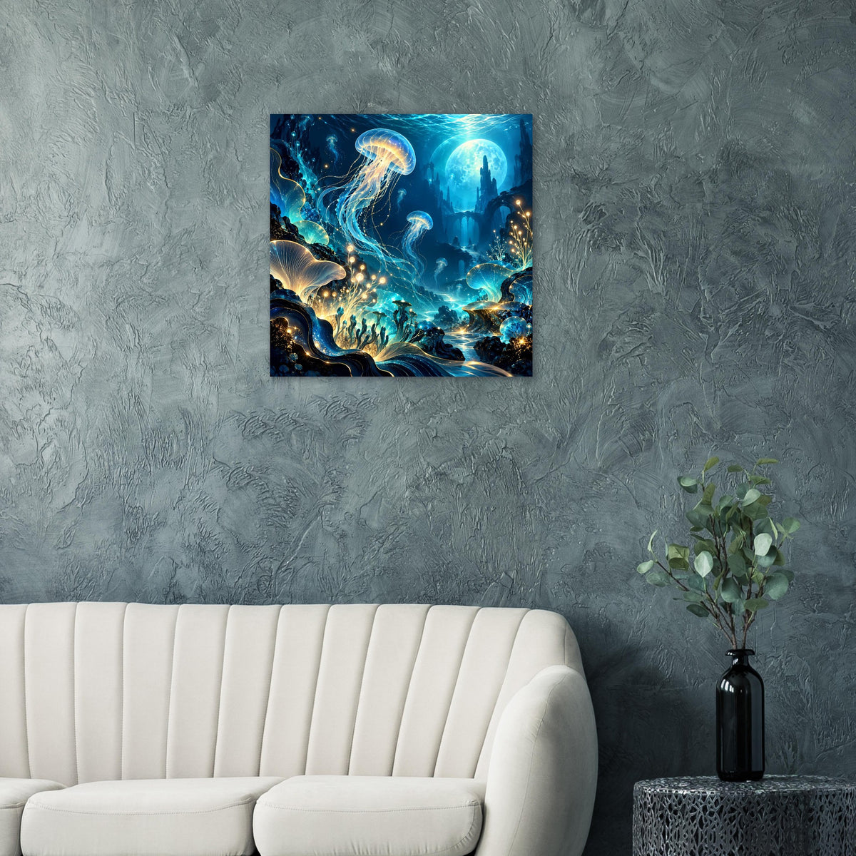 Unterwasserwelt-Poster in Blau und Gold mit Quallen, Riffhügeln und goldenen Lichtblasen