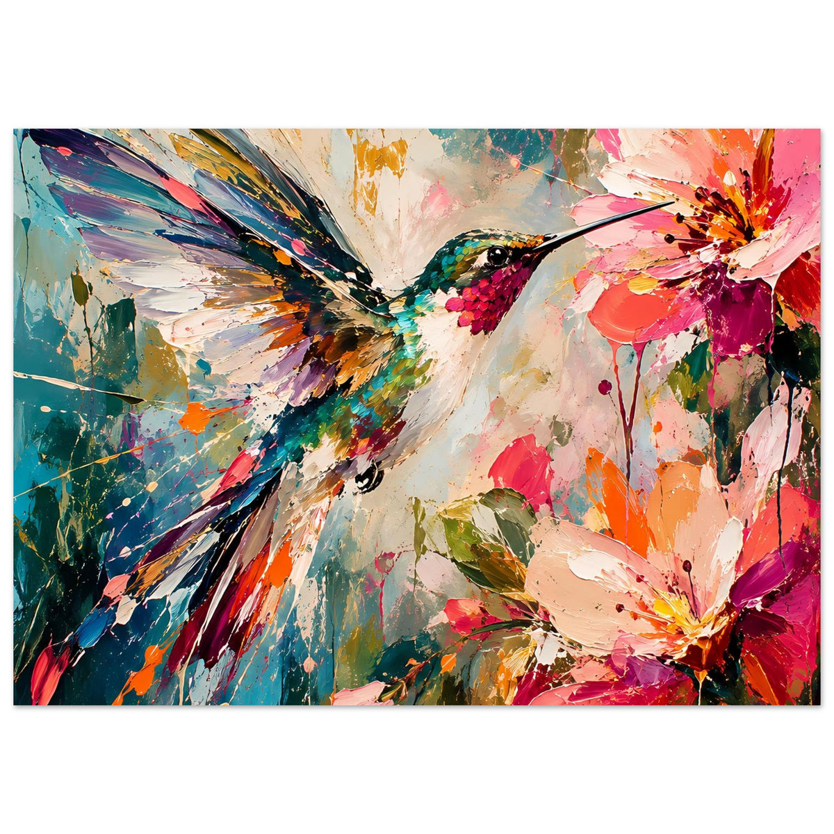 Kunstdruck mit Kolibri und Blüten-Motiv, pastose Farbspritzer, in Querformat