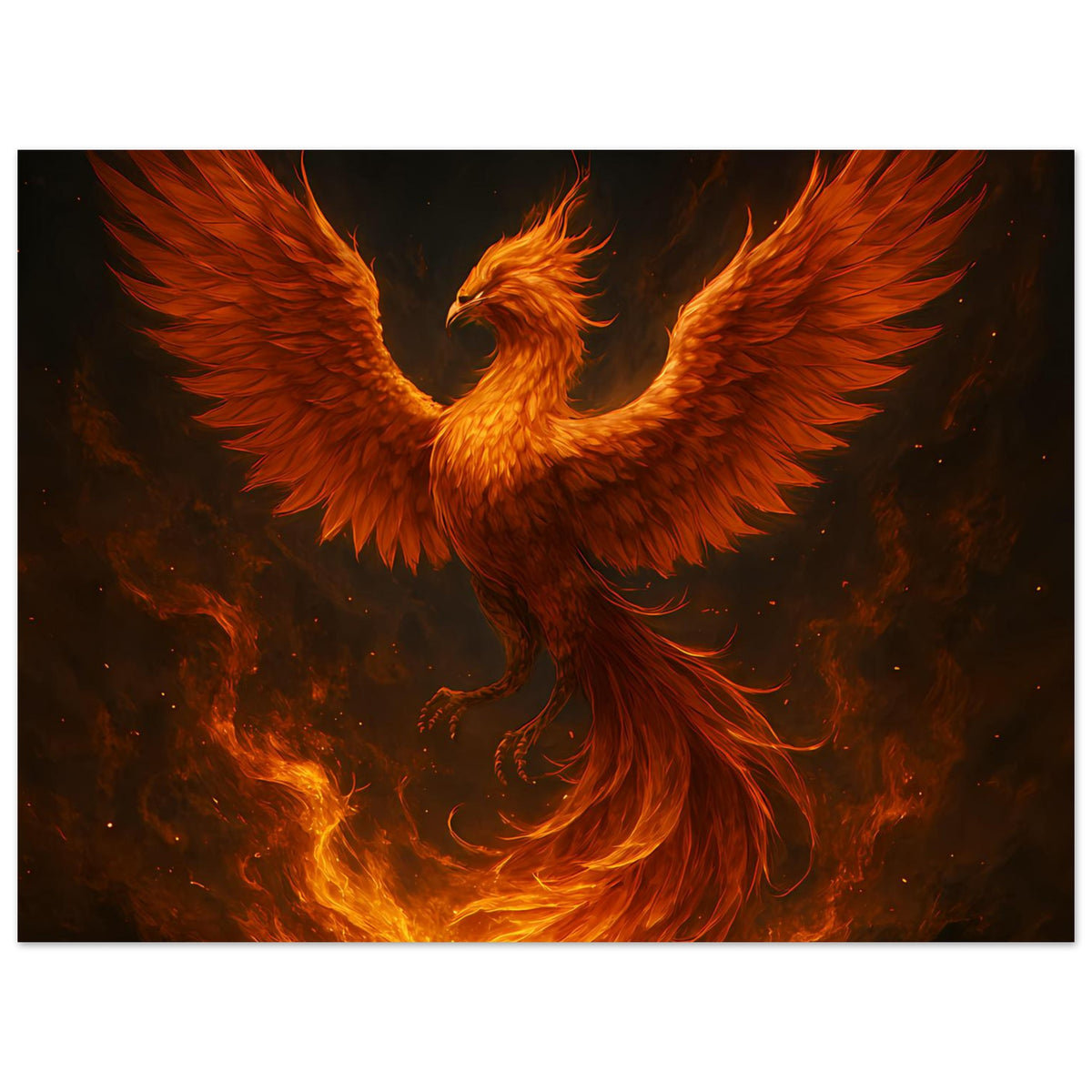 Poster mit Phönix in Flammenoptik, ausgebreitete Flügel und leuchtende Glut am Rand