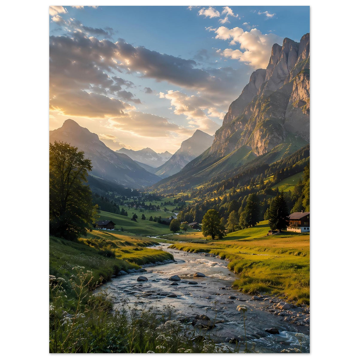 Alpenposter: Flusstal, grüne Wiesen und goldener Sonnenuntergang zwischen Bergen, hochformat