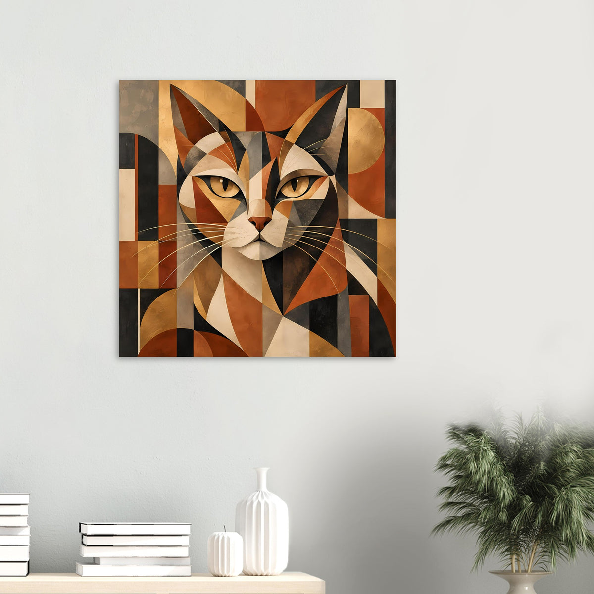 Geometrisches Katzenporträt-Poster, quadratisch, warmes Braun-Beige mit geometrischen Flächen