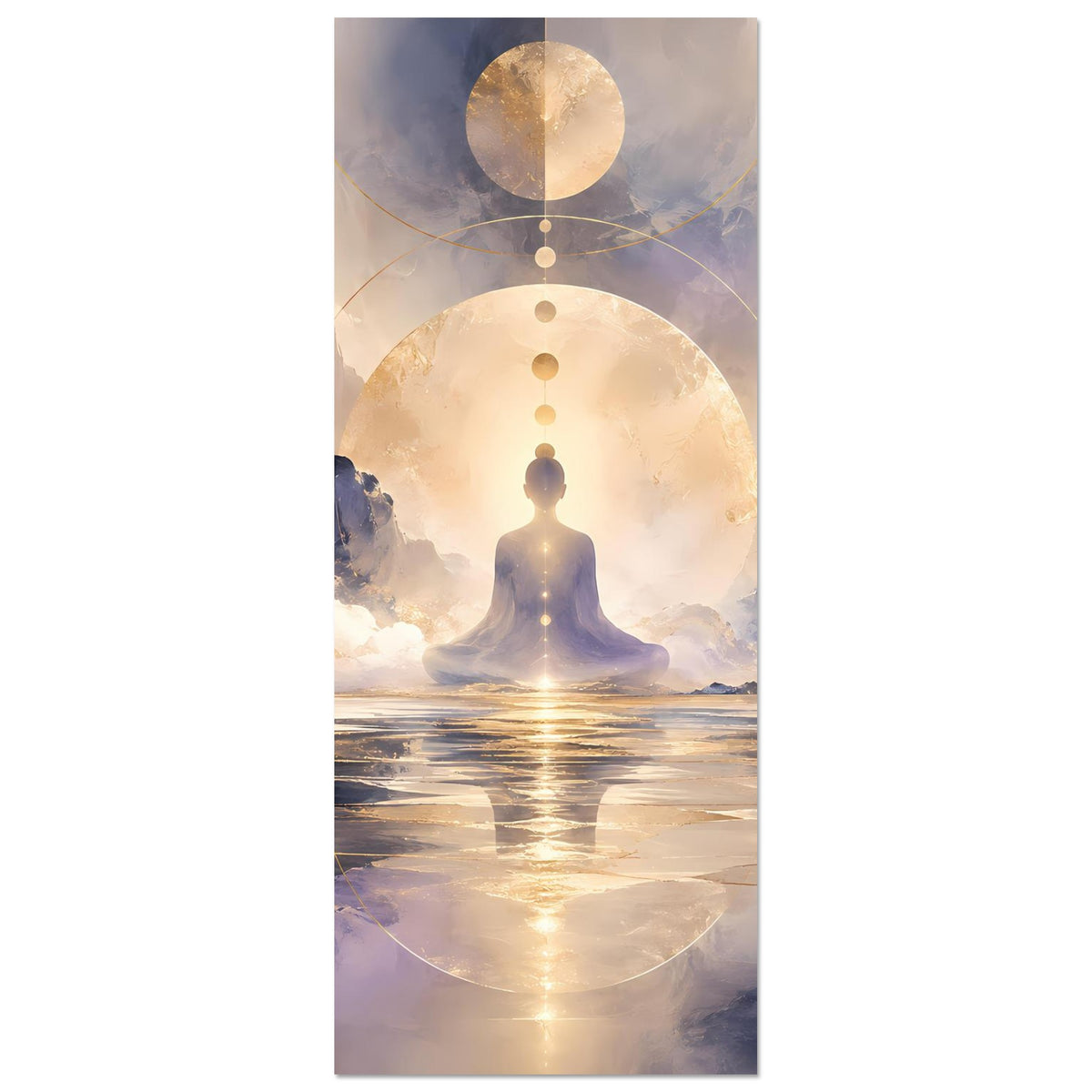 Hochformat-Poster mit meditierender Figur, goldener Kreis und warme Lichtstimmung