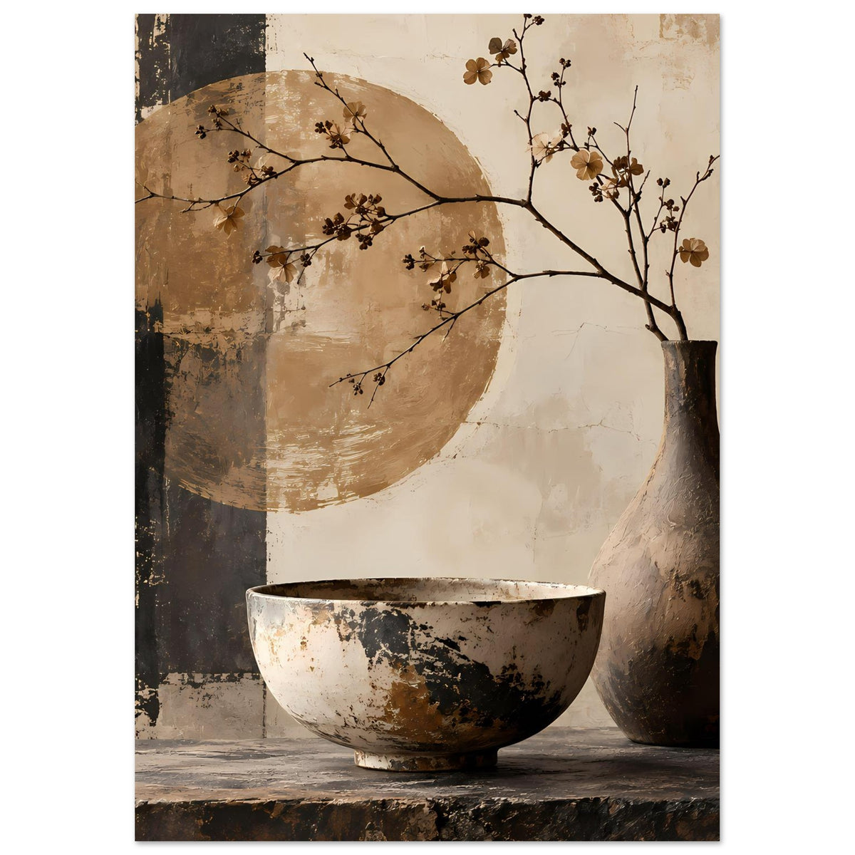 Still-Life-Poster in Erdtönen: schwarze Vase rechts, weiße Schale unten, Äste mit Blüten