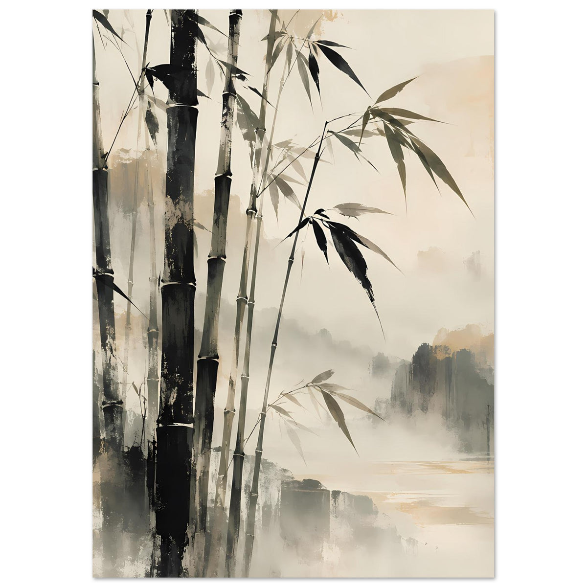 Wandposter mit Bambus rechts, schwarzen Stämmen links und sanfter, weicher Nebel-Landschaft