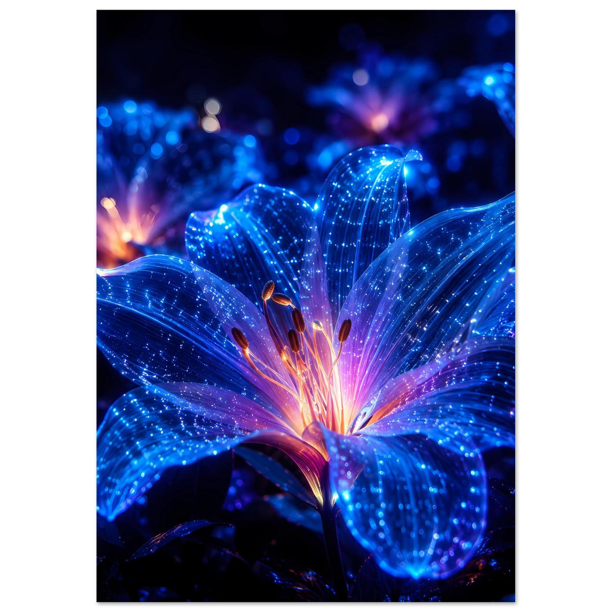 Leuchtendes Blumenposter, vertikal: vergrößerte blaue Glitzerblüten mit rosa-violettem Glanz