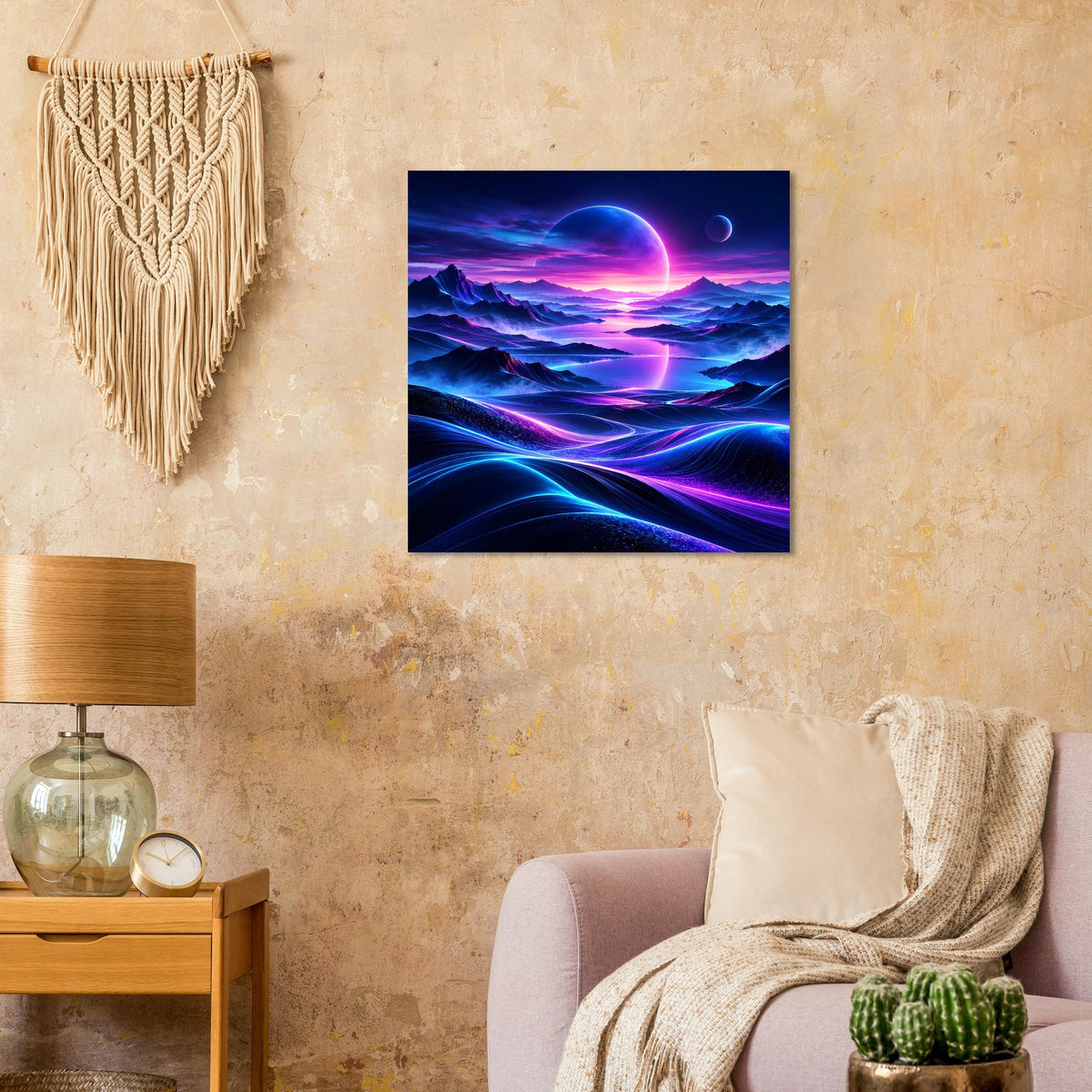 Neon-Weltraum-Poster mit Planet, Sternen und farbigen Lichtspuren im quadratischen Format