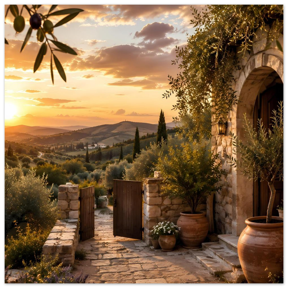 Tuscan-Landschafts-Poster: Terrassenweg, offene Gartentür, Olivenbäume und goldener Abendhimmel