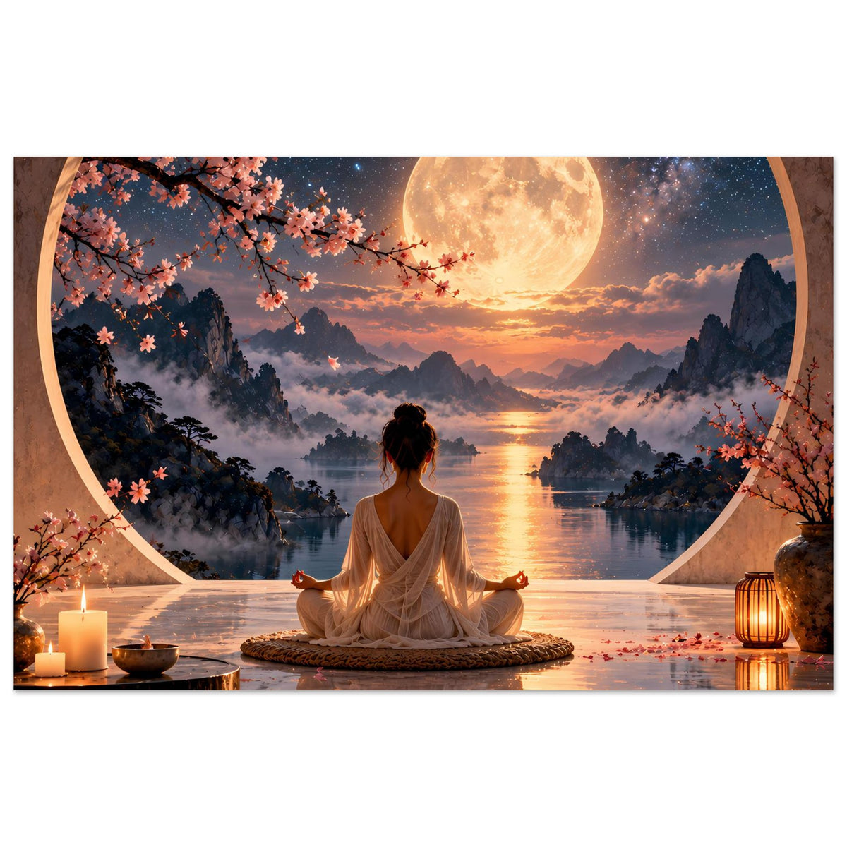 Zen-Meditationsposter mit sitzender Meditierender, Mondlandschaft, Kerzen, Kirschblüten und Fluss