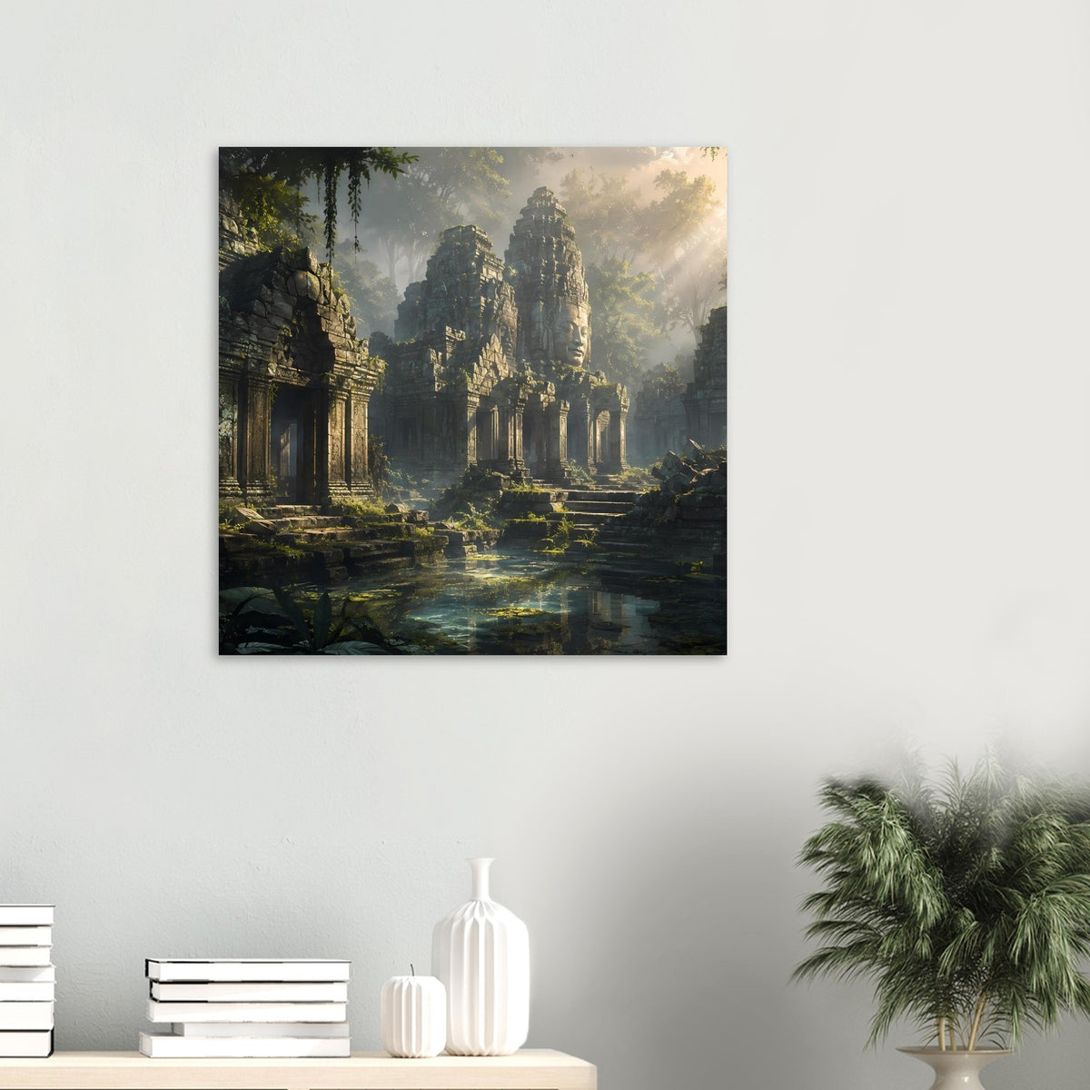 Poster mit Tempelruinen und Regenwaldpflanzen, ruhiger Pfad durch eine vernebelte Anlage