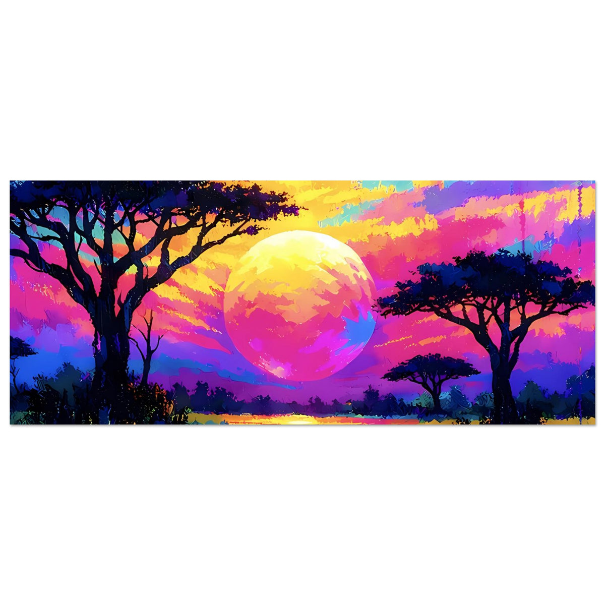 Neon-Landschaftsposter, horizontal: große Sonne, farbiger Horizont und dunkle Baumkronen