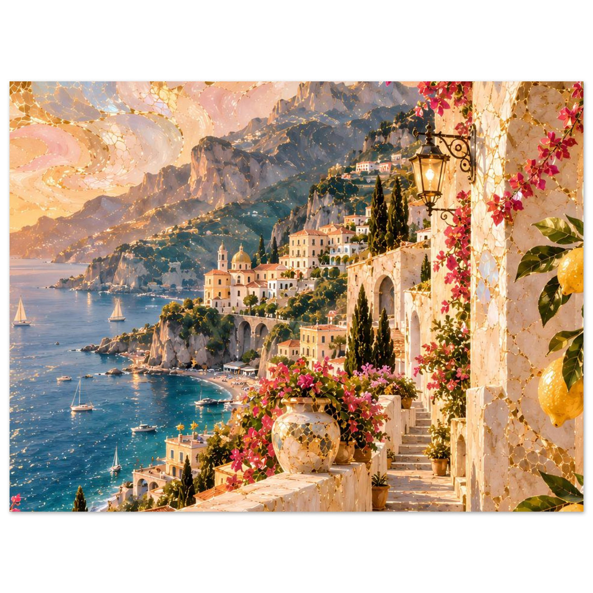 Mediterranes Küstenposter im Querformat: Hafenbucht, Bergkulisse und blühende Wand