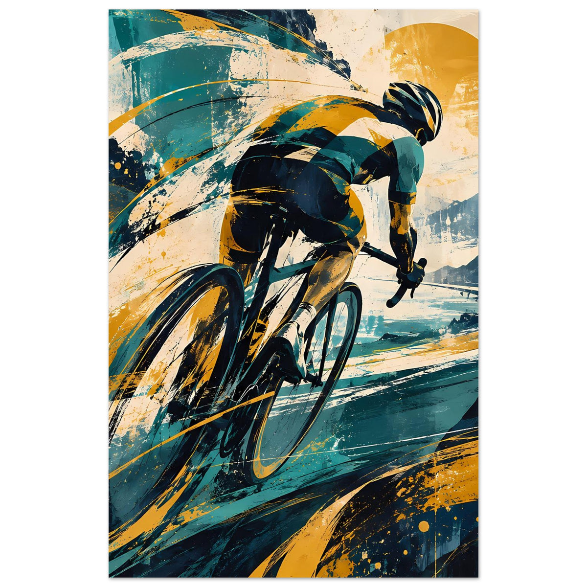 Sportposter mit Radfahrer im Kurvenflug, Blau und Gelb, dynamisches Grafikdesign