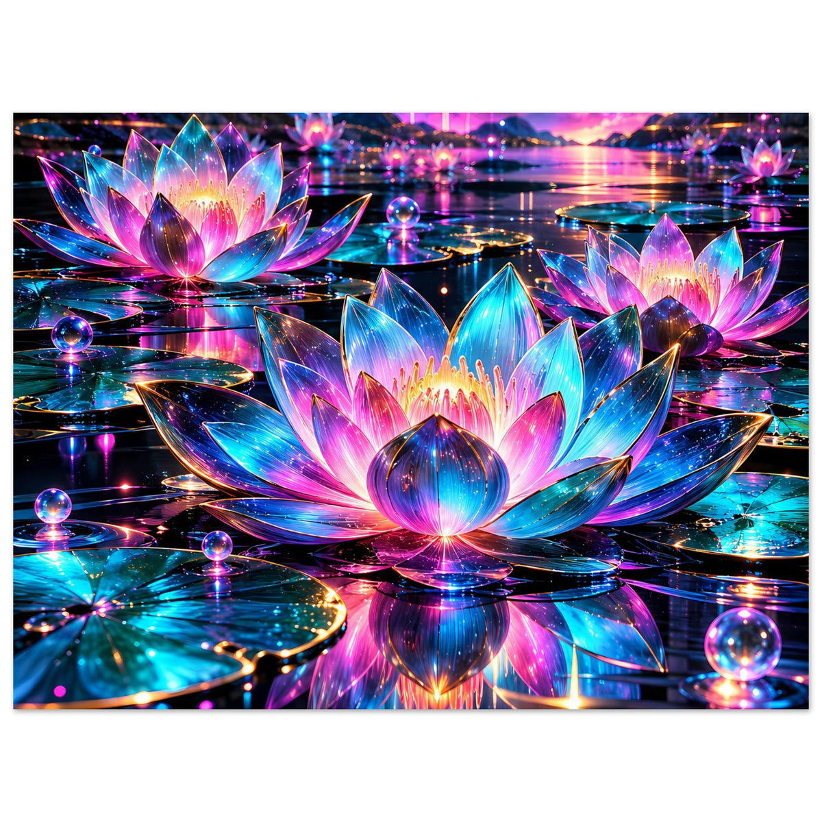 Poster mit leuchtendem Lotus-Motiv, horizontale Ansicht, mehrere Neonblüten und Reflexionen im Wasser