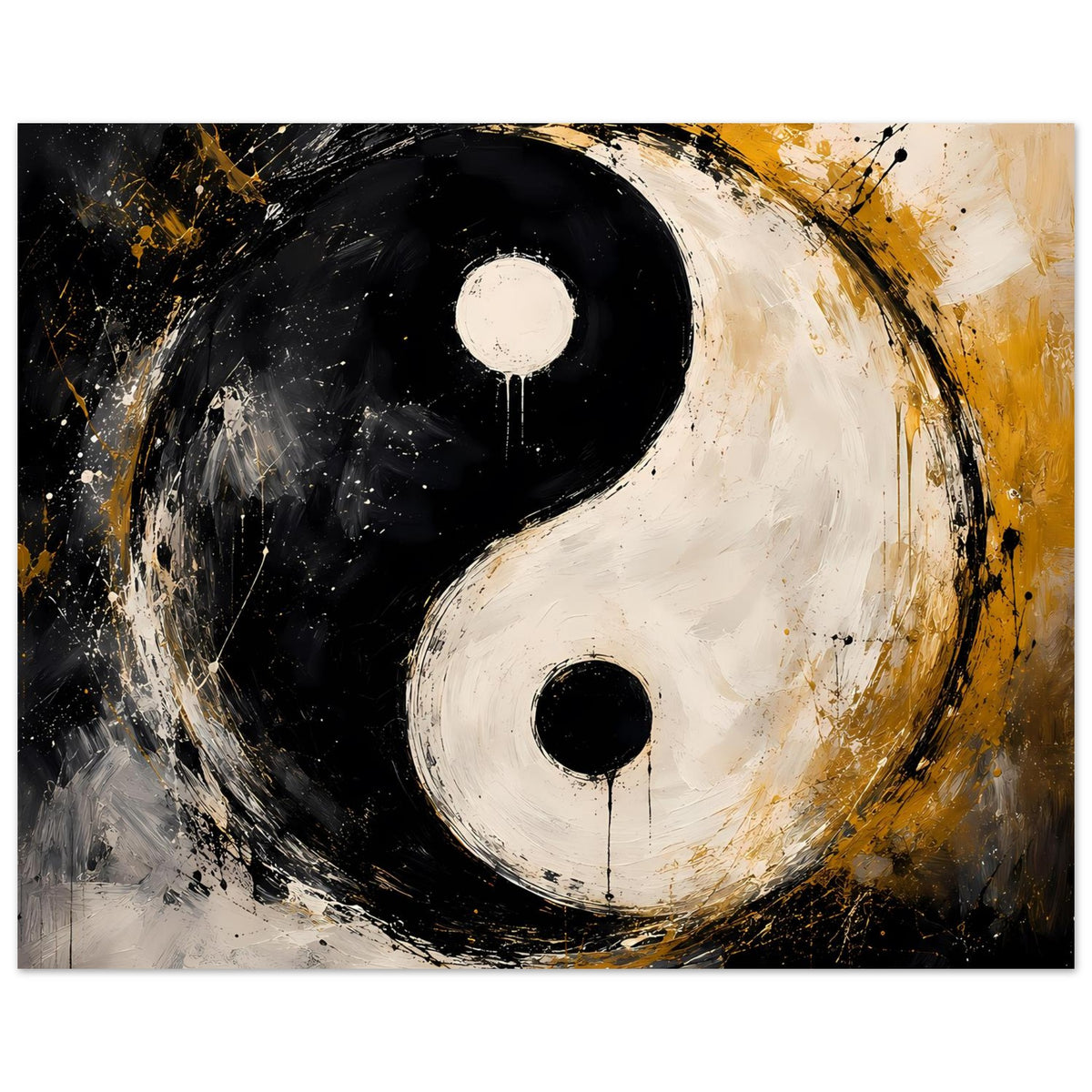 Abstraktes Yin-Yang Poster, breite goldene Farbflecken neben schwarzen und weißen Formen