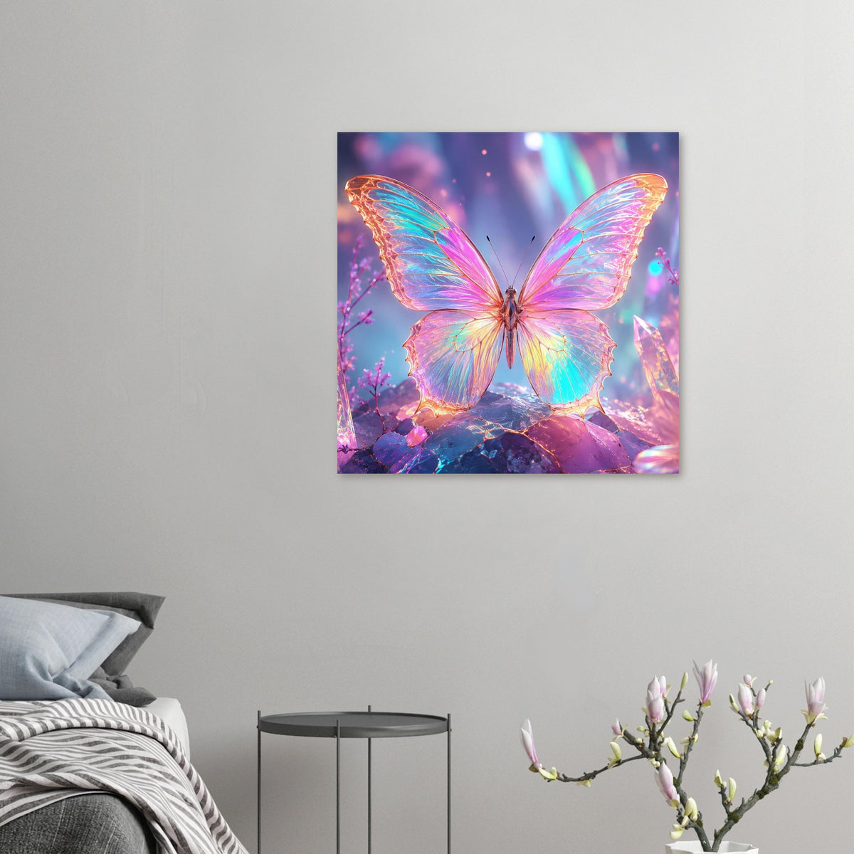 Fantasy-Wandposter mit Regenbogen-Schmetterling zwischen Kristallen