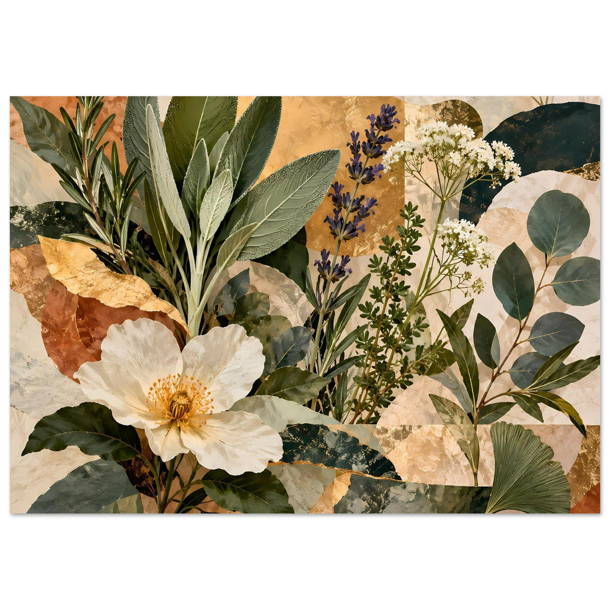 Botanisches Poster im Querformat mit vielen Blattarten und weiß-gelben Blüten, warm