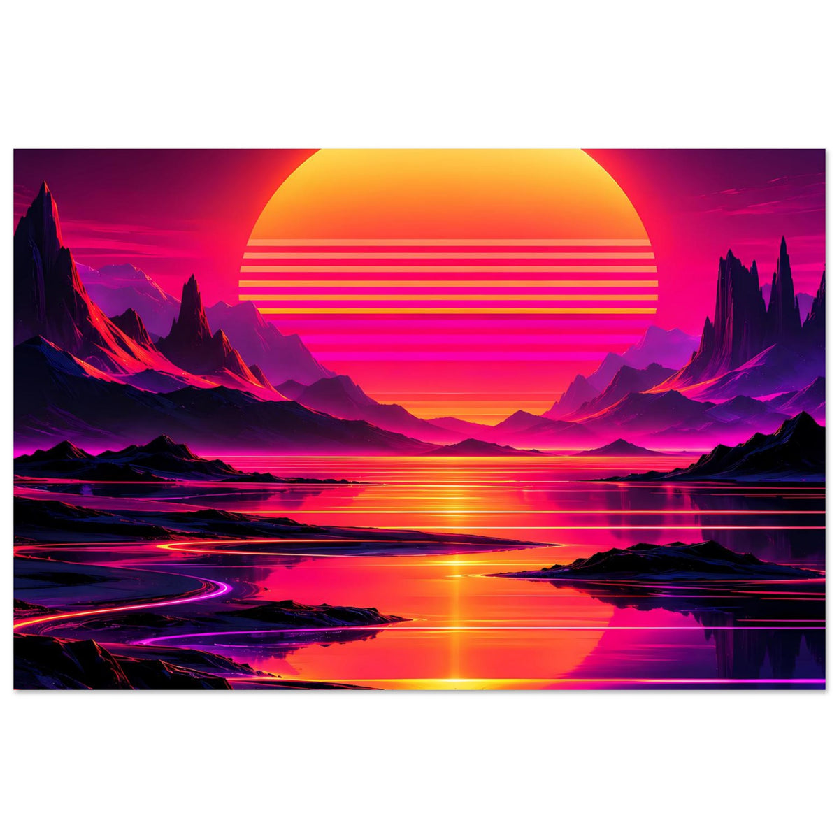 Neon-Poster querformat mit großer orange Sonne, Neonstreifen, Bergsilhouetten und See