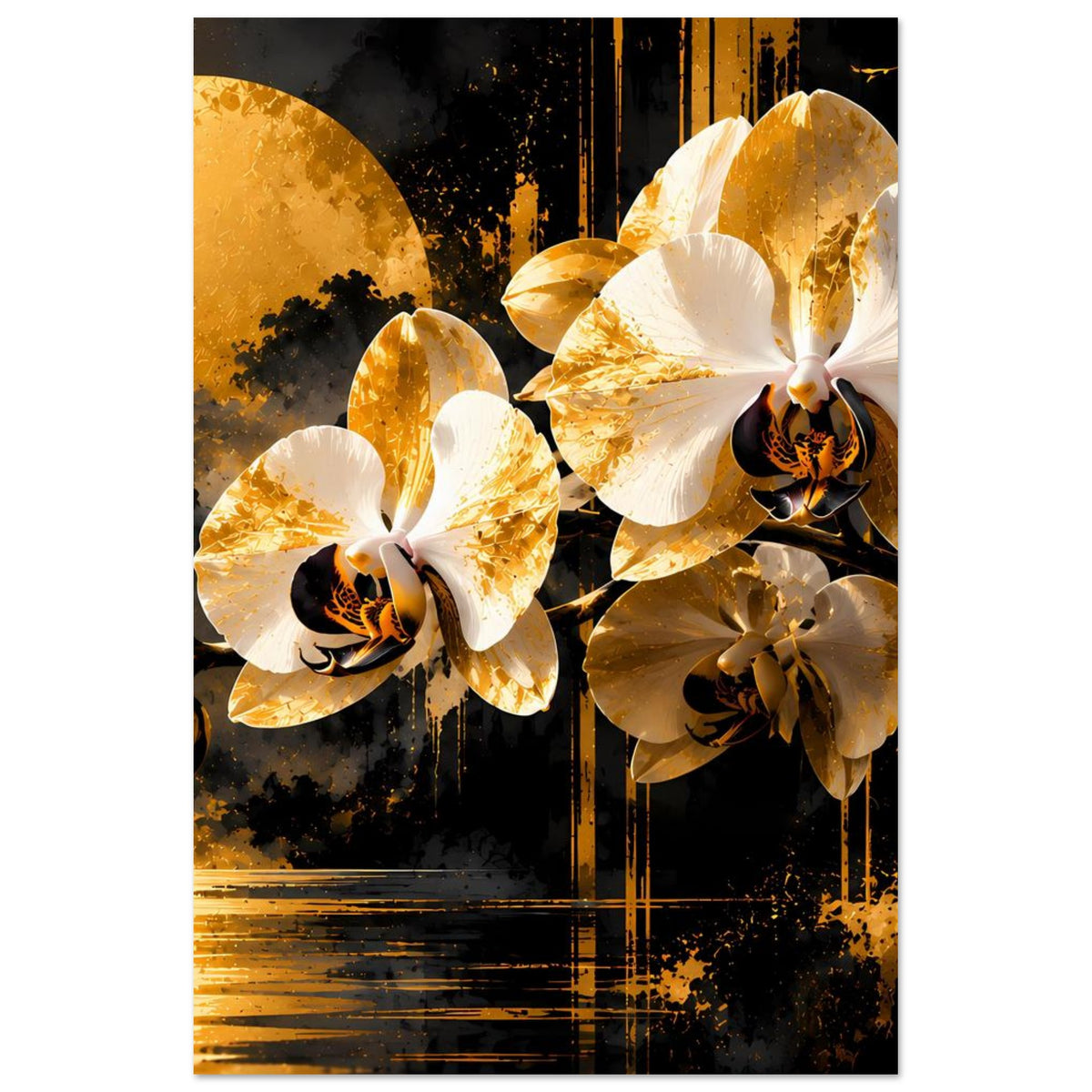 Vertikales Poster mit gold-weißen Orchideen, dunklen Blütennarben und goldenen Linien