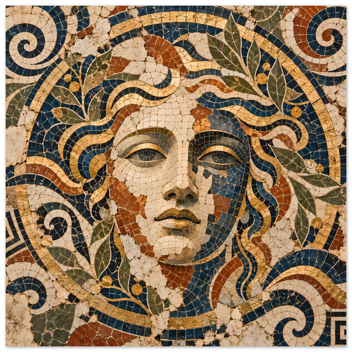 Poster mit Mosaik-Göttin, vollständig sichtbares Gesicht, Steinoptik in Blau, Grün und Braun