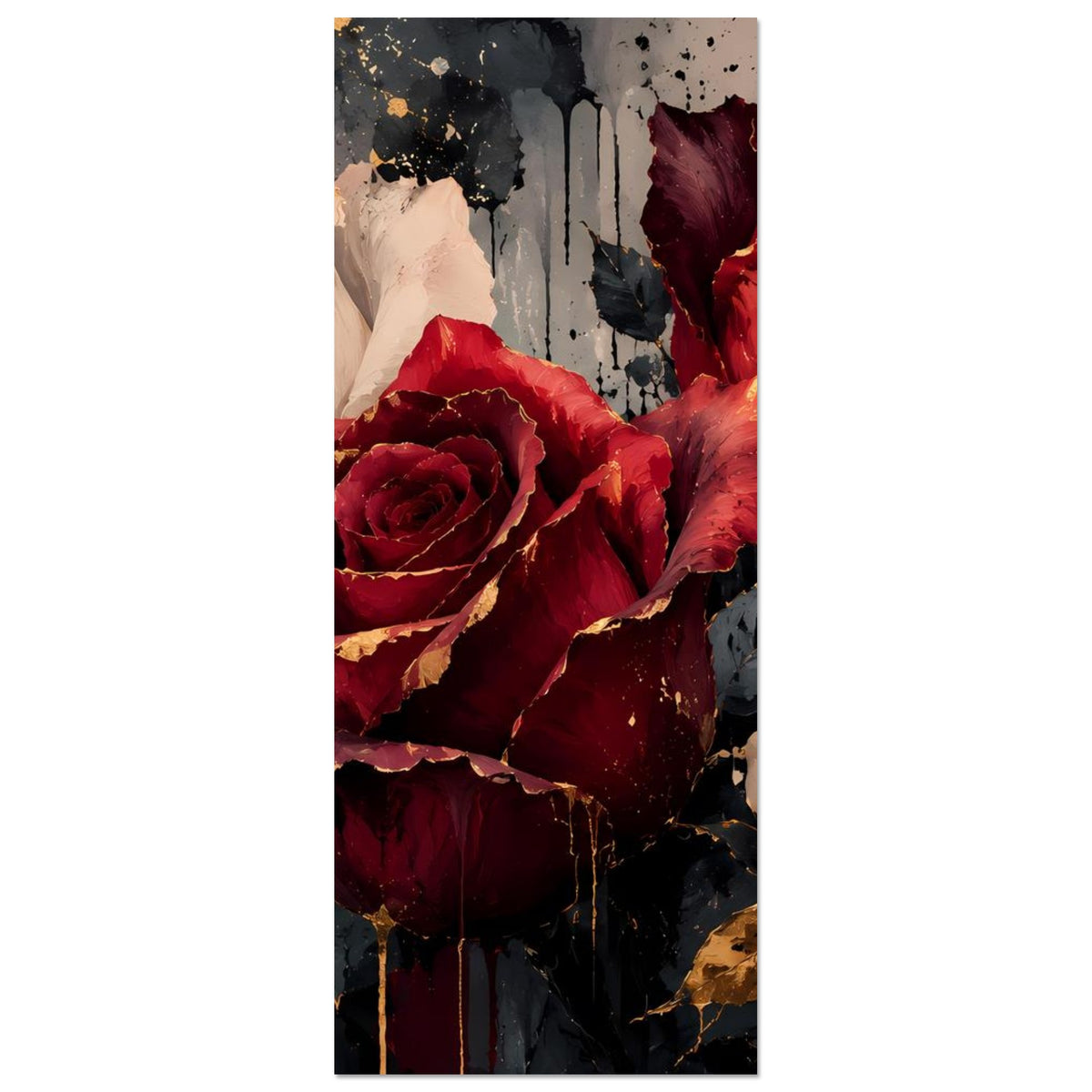 Kunstposter, vertikal: cremefarbene und bordeauxrote Rosen mit goldenen Akzenten