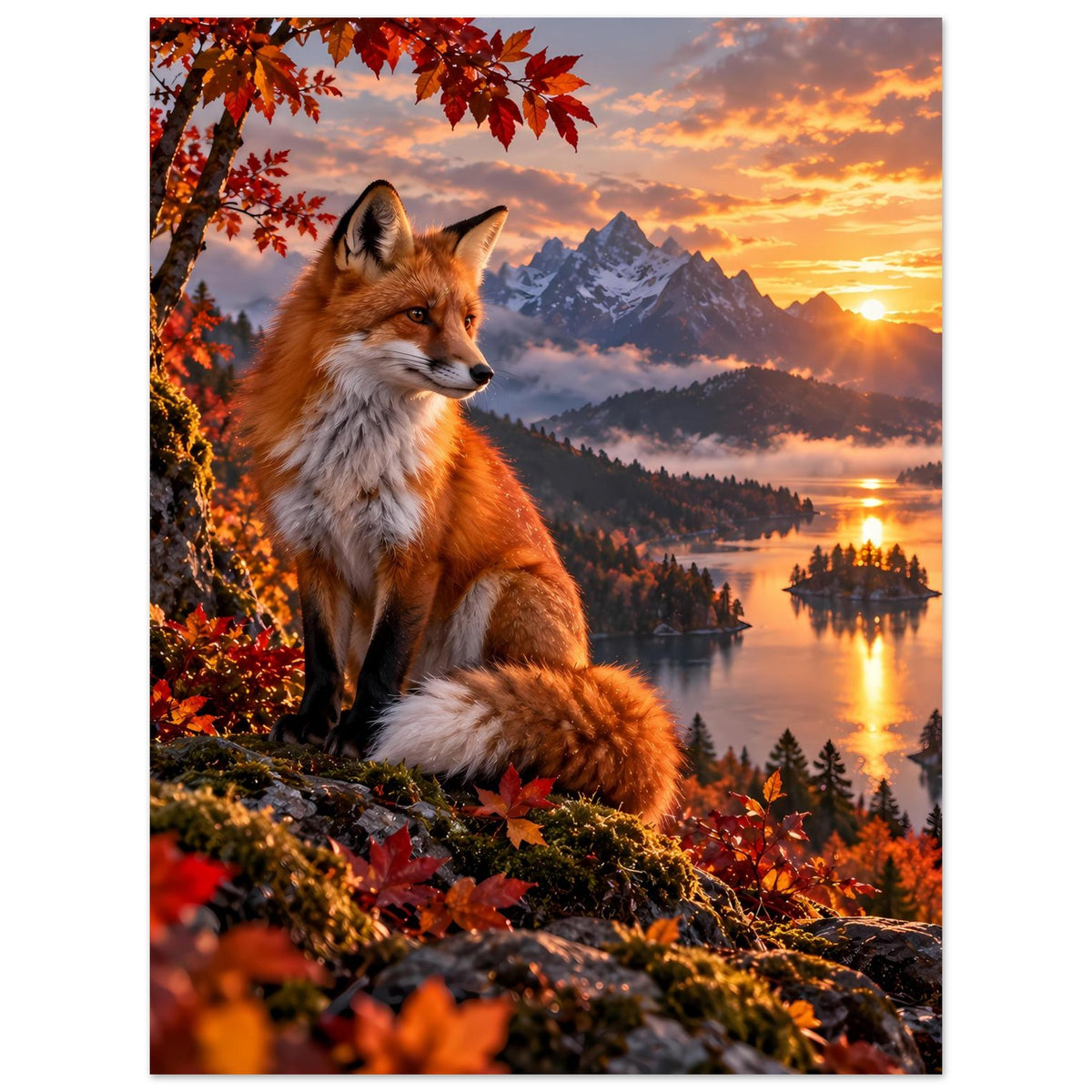 Poster mit rotem Fuchs auf Felsen, Herbstlaub und Sonnenuntergang über See und Bergen