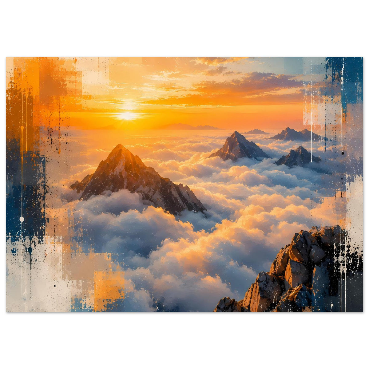 Poster im Querformat mit Sonnenuntergang, Bergkamm über Wolken und strukturierten Farbflecken