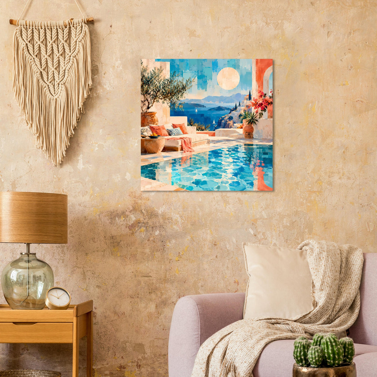Wandposter mit Poolblick, blauer Wasserfläche und mediterranen Farben