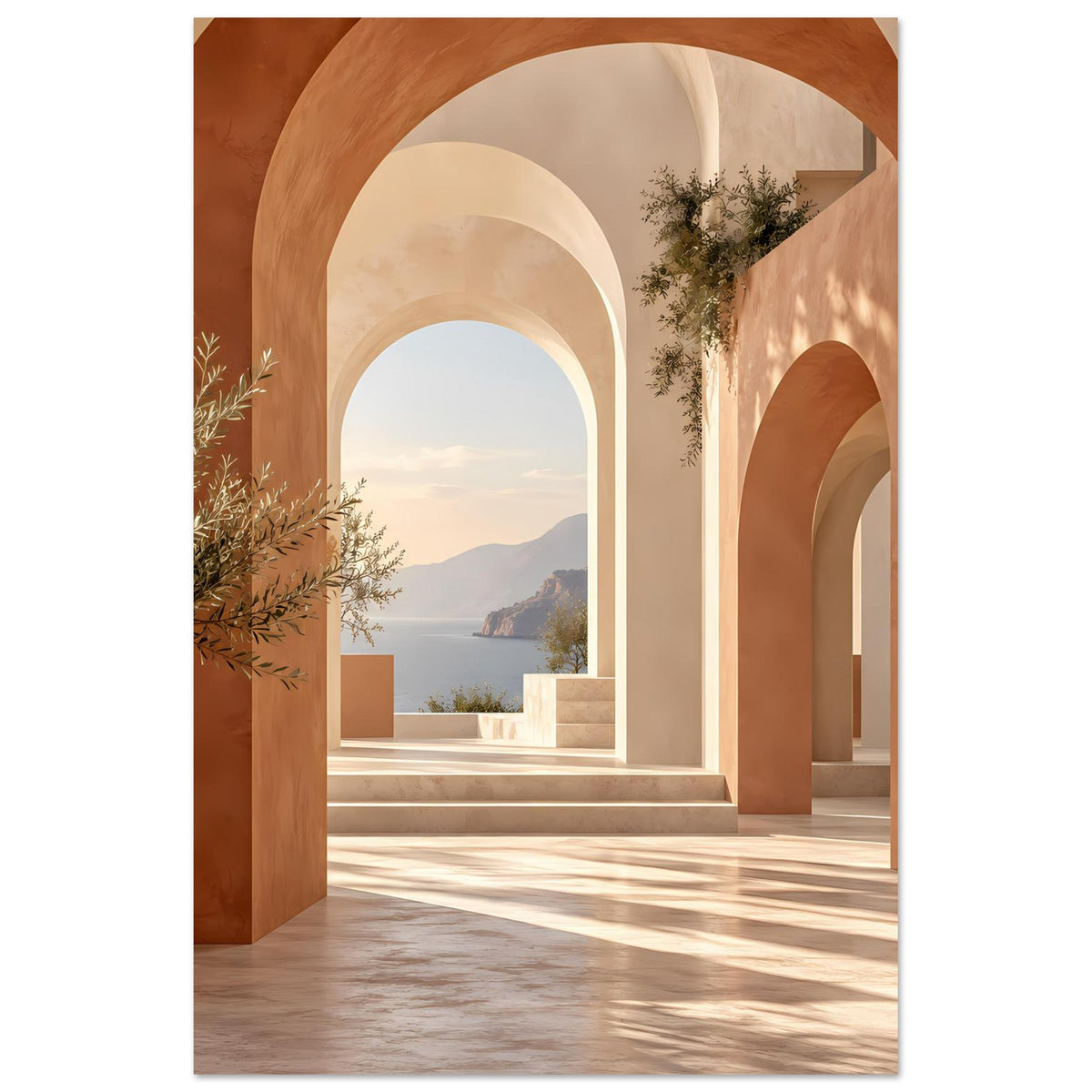 Wandposter im Hochformat: mediterrane Arkaden mit langen Schatten und bogenförmigen Gängen