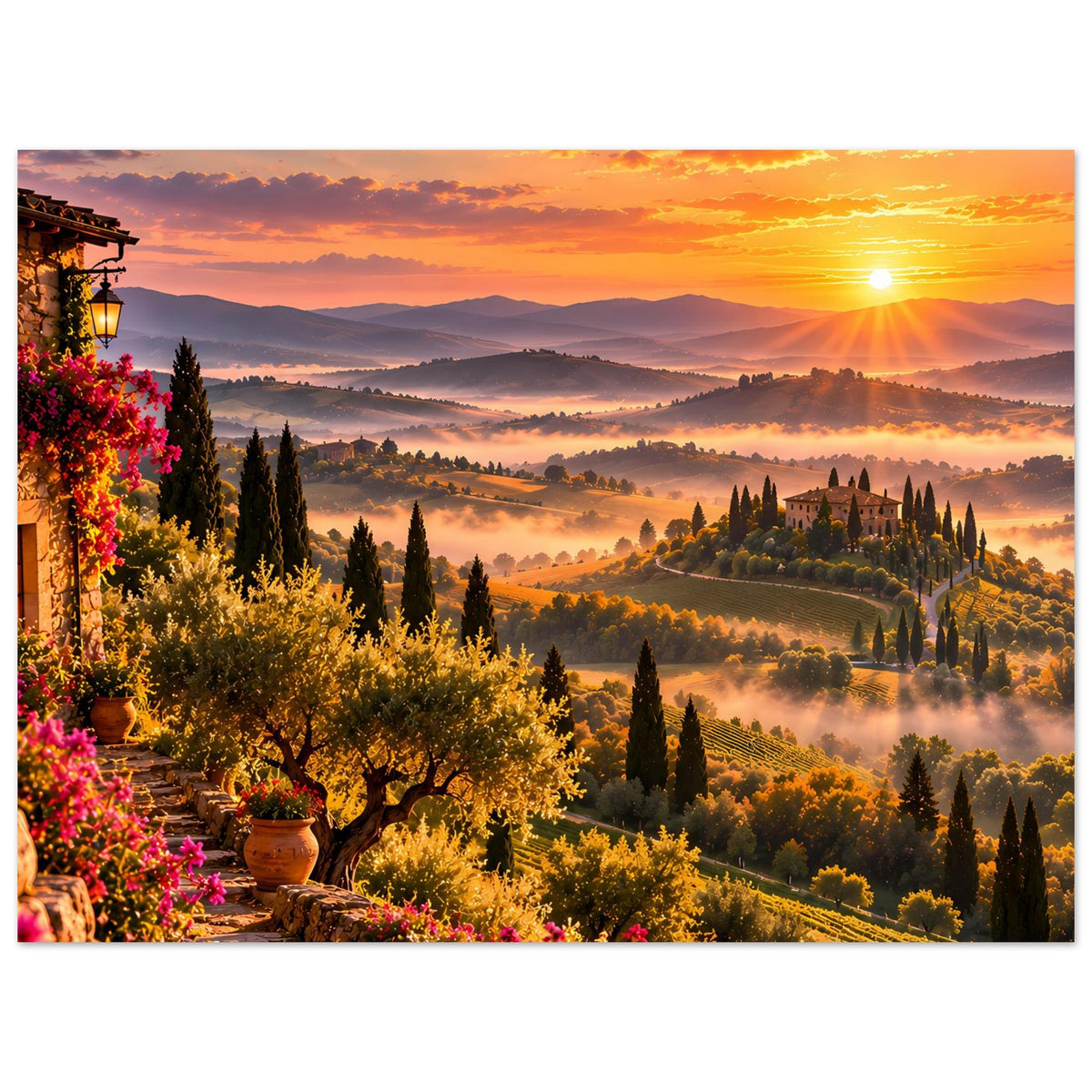 Wandposter mit toskanischer Landschaft: Sonnenuntergang, Blumenweg, Olivenbäume und Zypressen