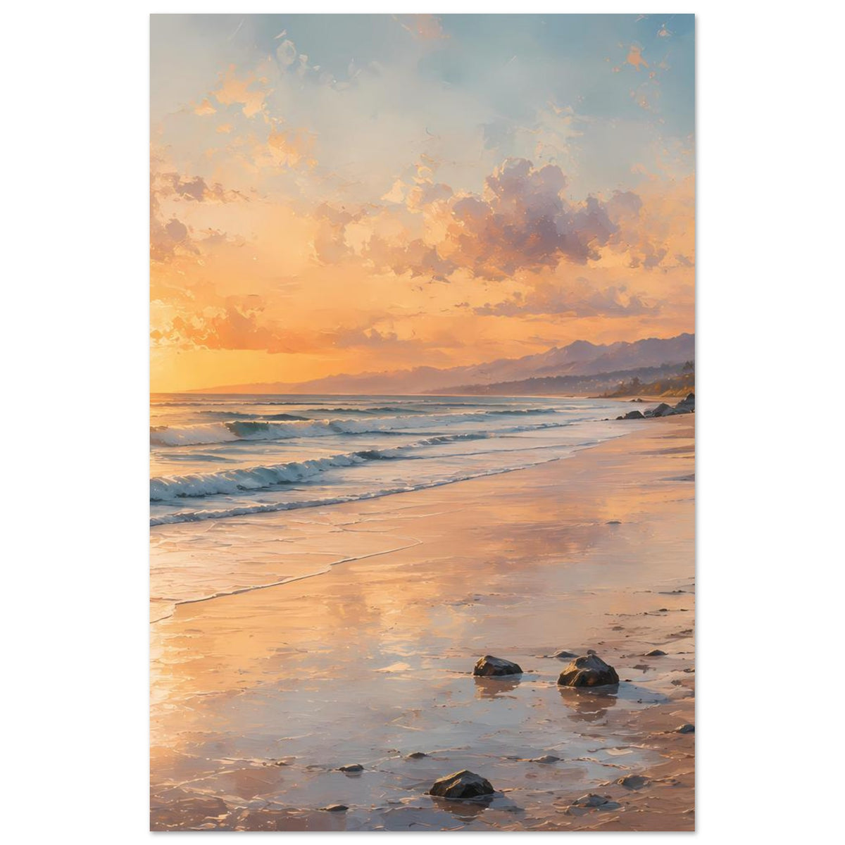 Strand-Sonnenuntergang Poster auf mattem Papier, hochformat, mit Meerlinie und Wolken