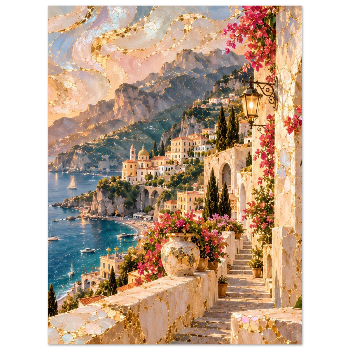 Mediterranes Küstenposter: Meer, Berge und blühende Treppe am Balkon