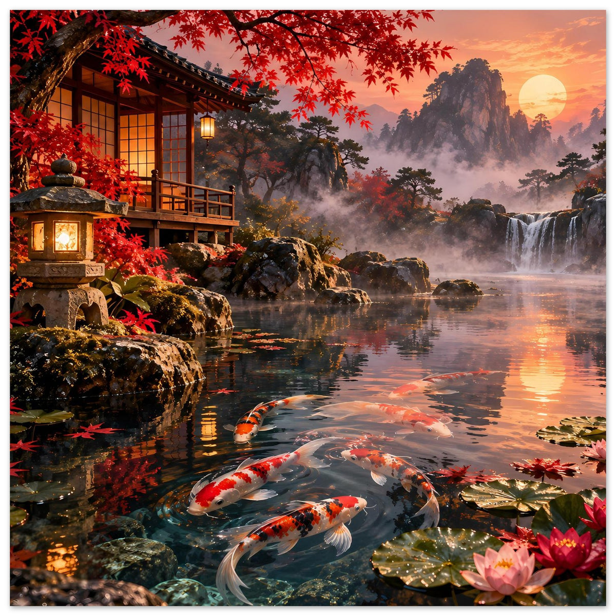 Kunstposter mit Koi im Teich, rotem Ahorn, Laterne und Wasserfall, Mondschein über der Landschaft