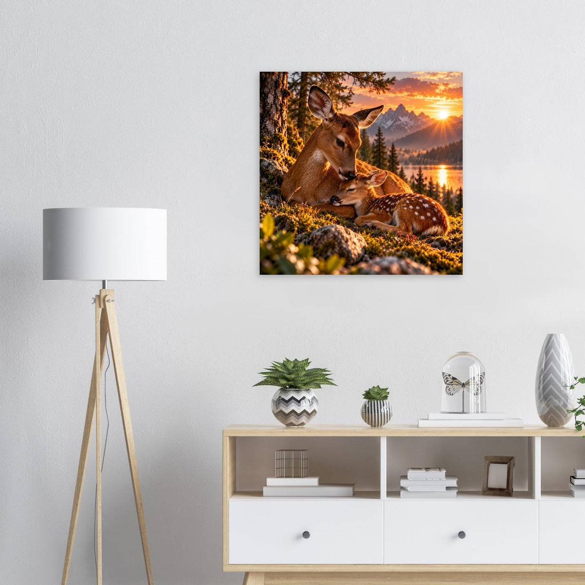 Quadratisches Poster mit Hirsch-Motiv im Sonnenuntergang über Wald und See