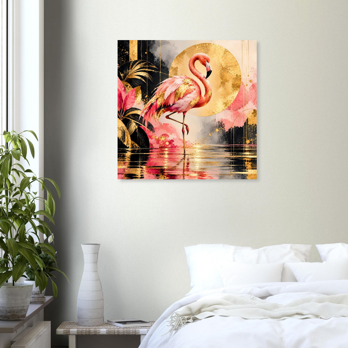Flamingo-Tierposter mit goldenem Mondkreis, Pinkem Flamingo und Wasserreflexion