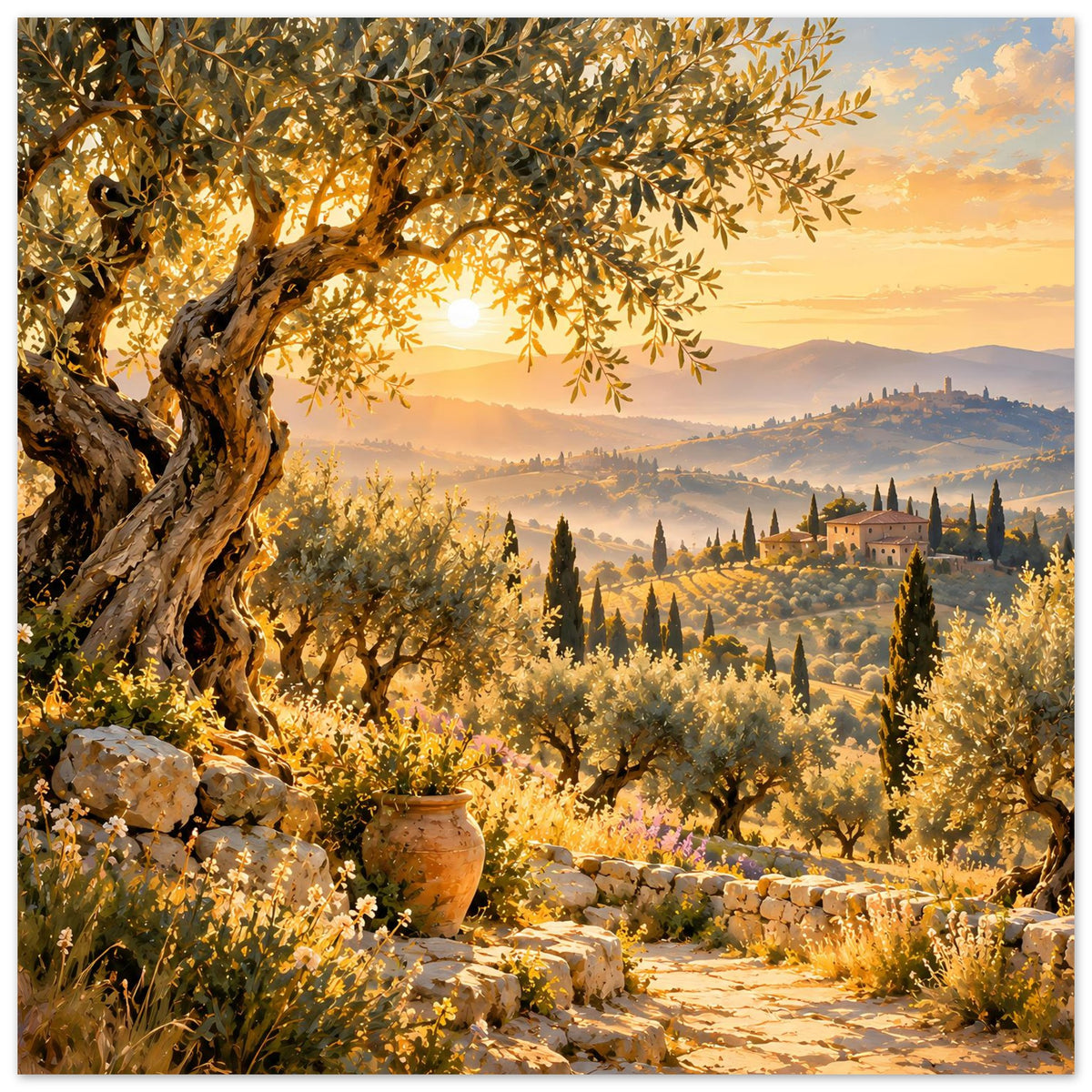 Horizontales Poster mit warmgoldener Landschaft: Olivenbaum, Terrassensteine, Hügel