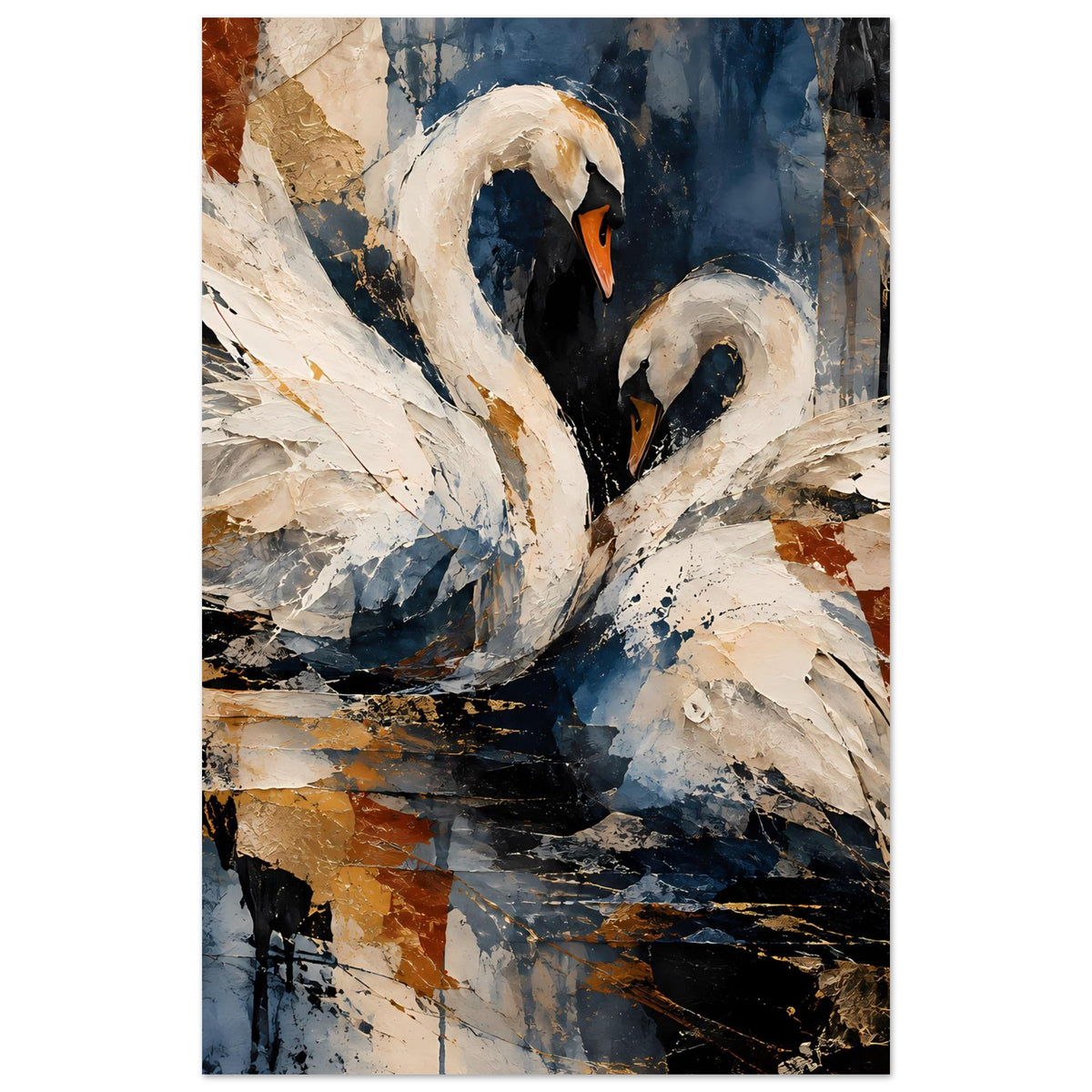 Schwanen-Porträtposter, hochformatig, abstrakter Schwan in Blau-, Weiß- und Ockerfarben