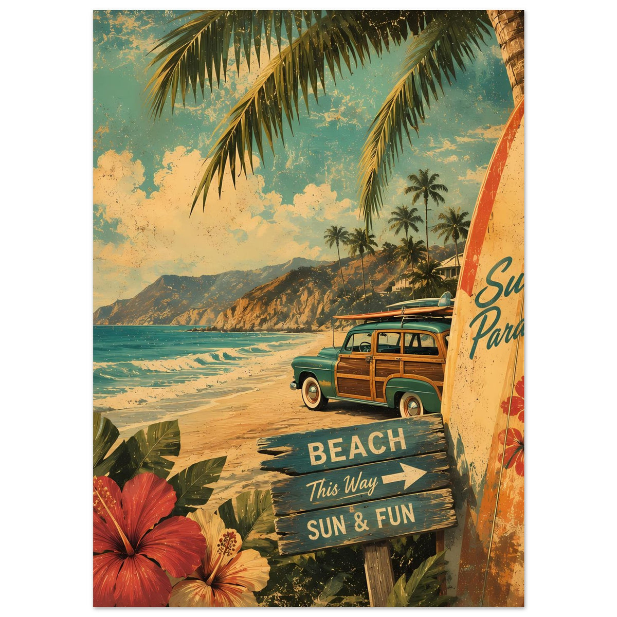 Vertikales Strandposter: Palmen, Strandweg, Surfbrett und grüner Van mit „BEACH“.