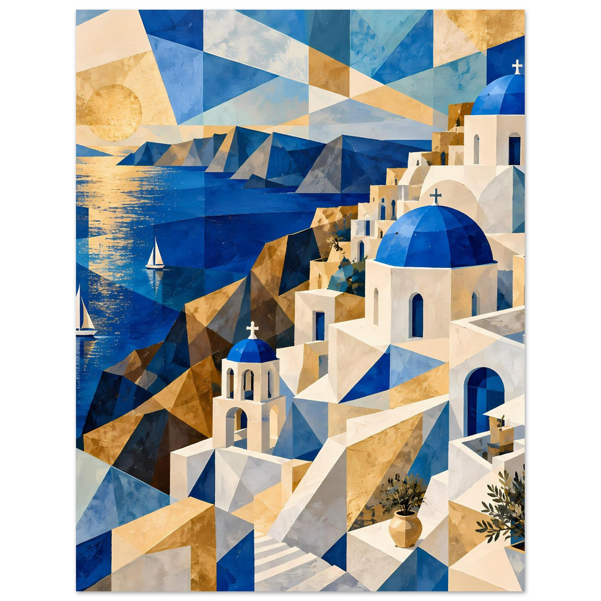 Geometrisches Poster mit blauen Kuppeln, weißen Wänden, goldenen Dreiecken und blauem Wasser links
