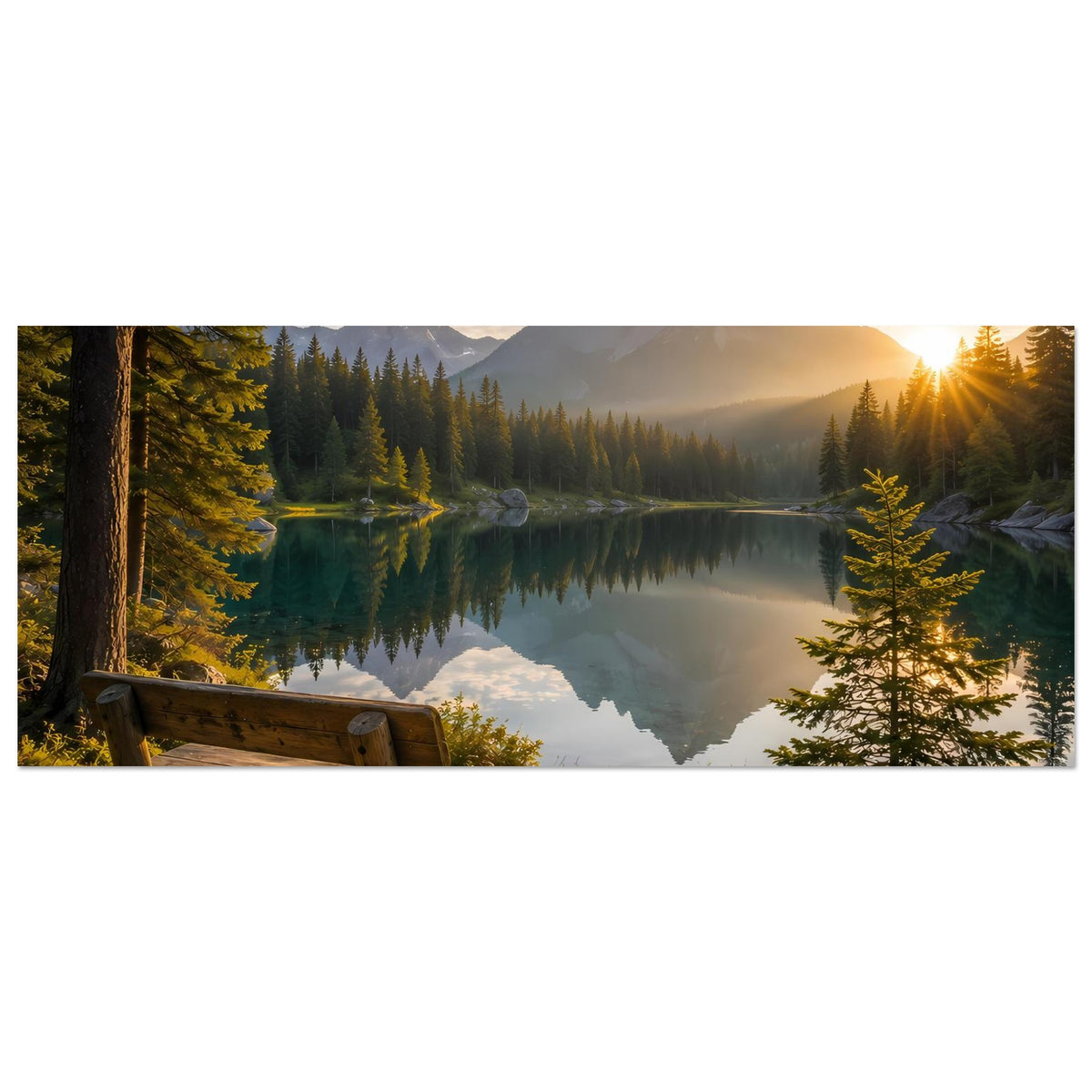 Horizontales Poster der Bergsee-Landschaft mit Sonnenaufgang und Tannenwald