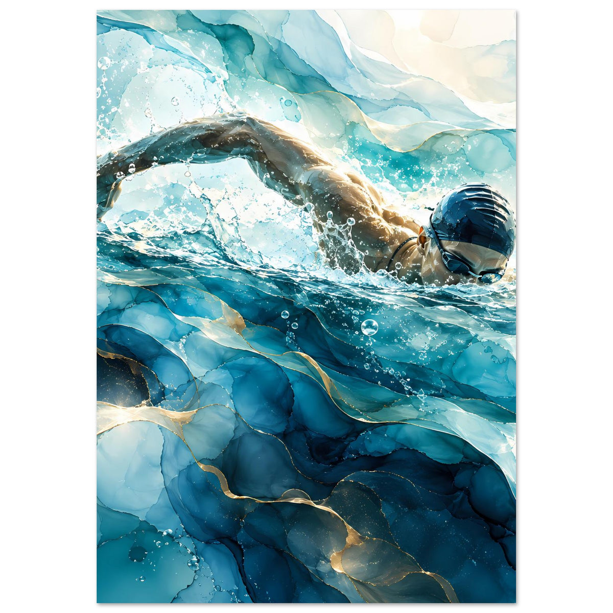 Stehendes Poster: Unterwasser-Szene mit Schwimmerkopf, blauen Wellen und goldenen Bahnen