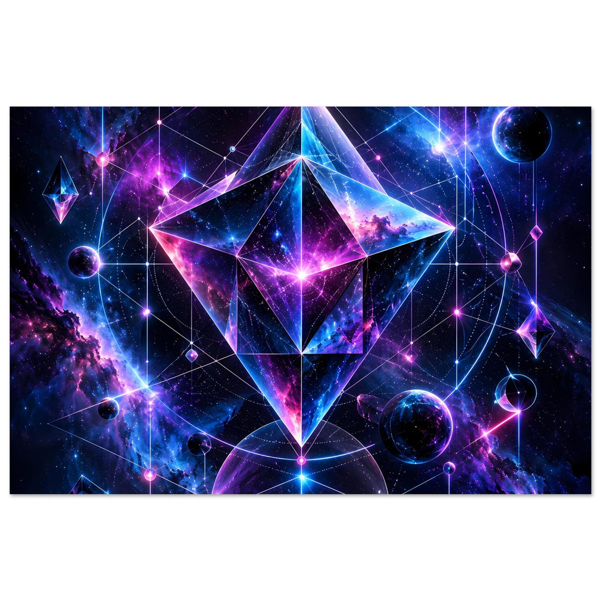 Horizontales Cosmic-Geometry-Poster mit geometrischem Stern und violett-blauer Galaxie-Optik